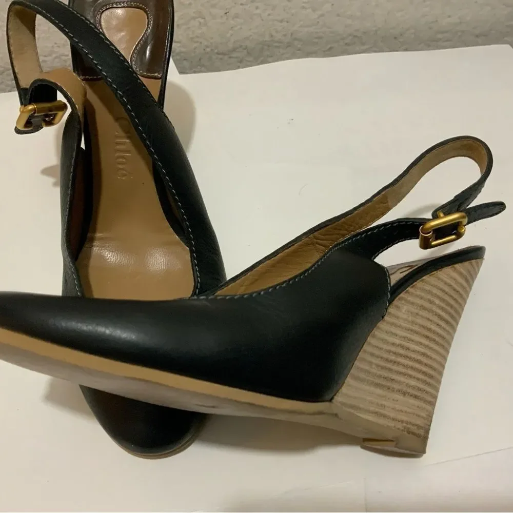 Chloé Leather Slingback Leather Wedge Ankle Pumps In Black 39.5 Italy